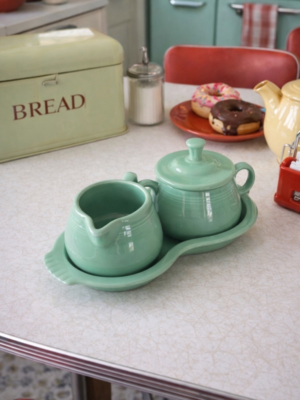 Vintage Fiesta Ware Light Green Covered Sugar & Creamer Set w Tray